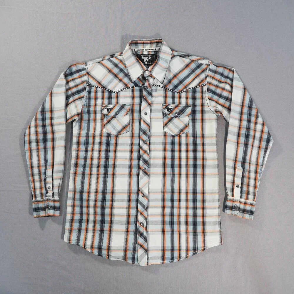Cowboy Hardware Shirt Boys Extra Large Blue Plaid Pearl Snap Western Rodeo Ranch